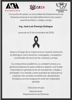 Condolencias por el sensible fallecimiento del profesor Jose Luis Pantoja Gallegos